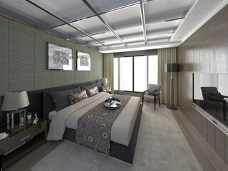 A luxurious modern bedroom features a large bed with patterned runner, green textured walls, a wooden media unit, soft lighting, and ample natural light, 3D rendering.