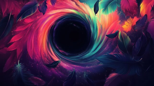 Swirling void with colorful feathers and vibrant hues