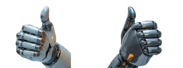 Two robotic hands giving a thumbs up gesture, metallic and futuristic, isolated on transparent background