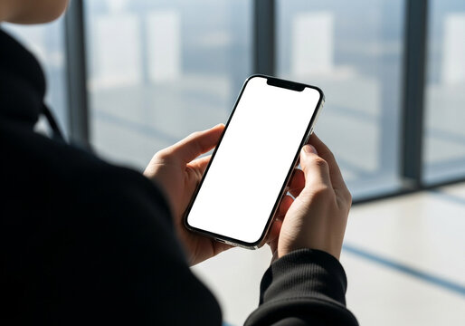 A person in a business suit holds a smartphone with a blank white screen. A professional and modern mockup for showcasing an app, website, or business content.