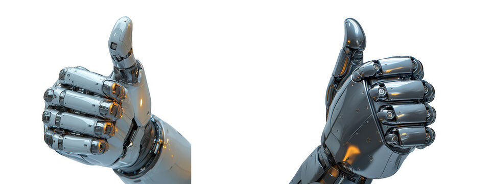 Two robotic hands giving a thumbs up gesture, metallic and futuristic, isolated on transparent background