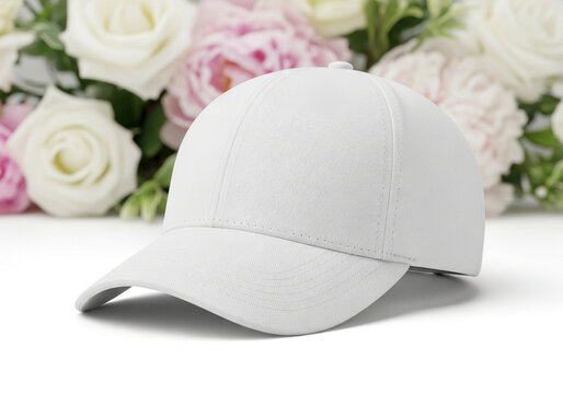Mockup of a blank white baseball cap surrounded by beautiful white and pink flowers. An elegant template for bridal party, event, or premium apparel branding.