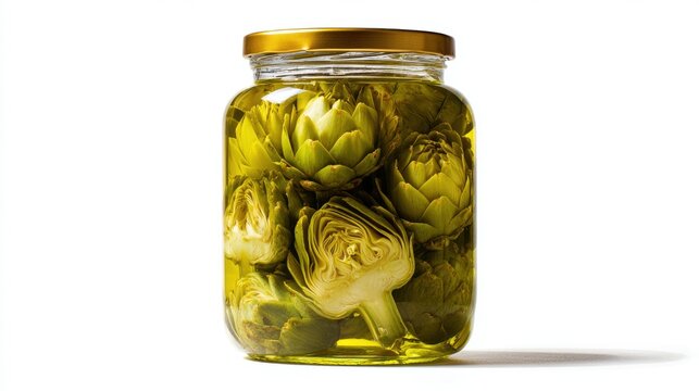 Marinated artichokes preserved in olive oil inside clear glass jar with golden lid on white background, ready for storage