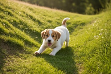 Welpe rennt fröhlich durch das grüne Tal in der Natur