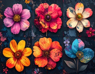 Vibrant floral collage on a dark background