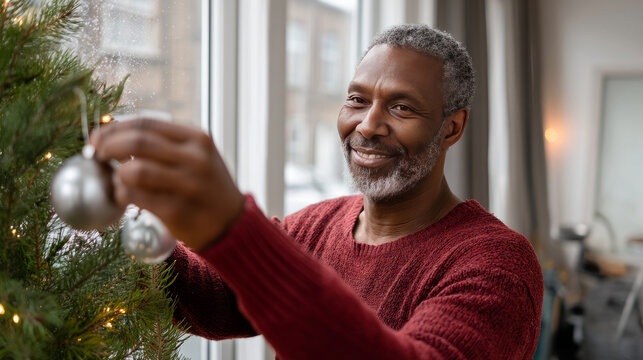 Decorating a Christmas tree with stylish ribbon and ornaments. A close-up of a man in a cozy sweater hanging a modern velvet ornament on a branch. A cozy winter holiday tradition, a family pastime. - Powered by Adobe