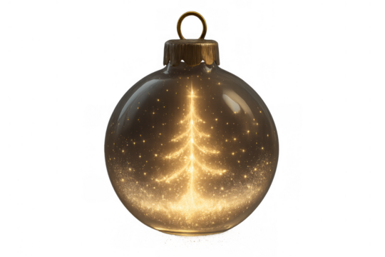 Christmas bauble with glowing golden tree inside, festive decoration for winter holiday season, transparent background