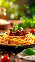 Pasta dish with sauce and fresh basil.