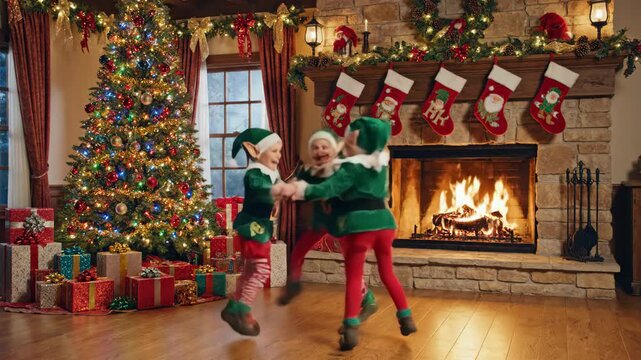Elves Celebrating Christmas - Two children dressed as elves dance in front of a decorated Christmas tree and a fireplace with hanging stockings.