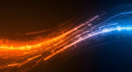 Dynamic OrangeBlue Tech Stream Abstract Data Flow with Geometric Shapes.