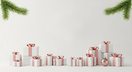 A Christmas flat lay mockup with cosmetic gift boxes and fir branches. A festive and beautiful template for holiday beauty campaigns or gift guides.