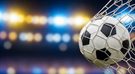 

Closeup of soccer ball in goal net. Football play in front of night lights background. Sport game championship background.