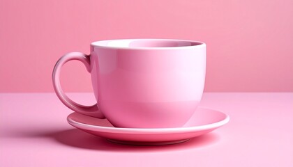 Pink coffee cup and saucer on pink background.