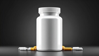 Pill bottle with capsules on dark background.