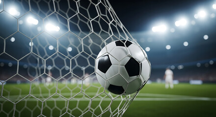 

Closeup of soccer ball in goal net. Football play in front of night lights background. Sport game championship background.