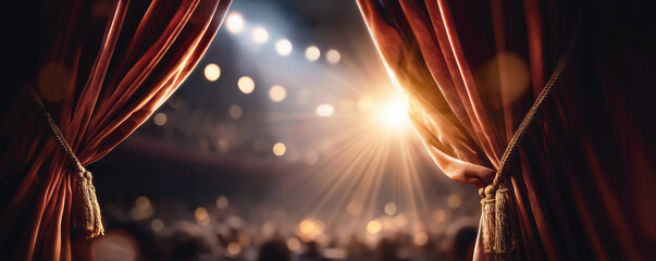 Stage curtains opening with spotlight shining on theatrical performance audience.