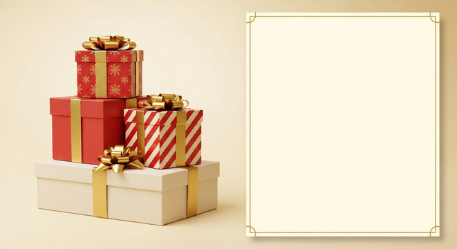 A Christmas mockup of stacked red gifts next to a blank card or frame. A festive and elegant holiday template for greetings, invitations, or special messages.