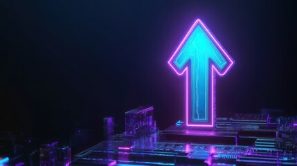 Neon arrow pointing upward on a circuit board, symbolizing progress and digital growth