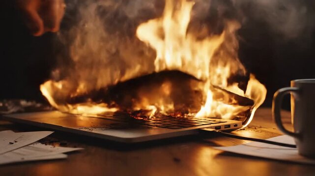 Laptop on Fire - A laptop is engulfed in flames, with smoke rising from the burning keyboard. Papers and a coffee mug are near the burning device, suggesting a chaotic situation.
