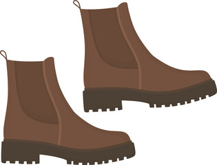 Pair of women's brown leather boots isolated on white background. Shoes with elastic side panels 