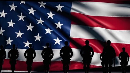 Silhouetted American soldiers standing before a fluttering U.S. flag, symbolizing patriotism and respect. - Powered by Adobe