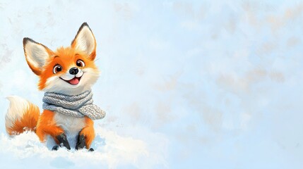 Fototapeta premium Cute baby fox wearing a cozy knitted winter scarf sits happily in the snow on a cold day