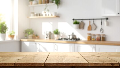 Sunlit Kitchen Interior with Wooden Tabletop and Blurred Background.