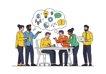 Brainstorming Session: A diverse group of professionals gathers in a collaborative work environment, immersed in a brainstorming session, where ideas take shape and innovation thrives.