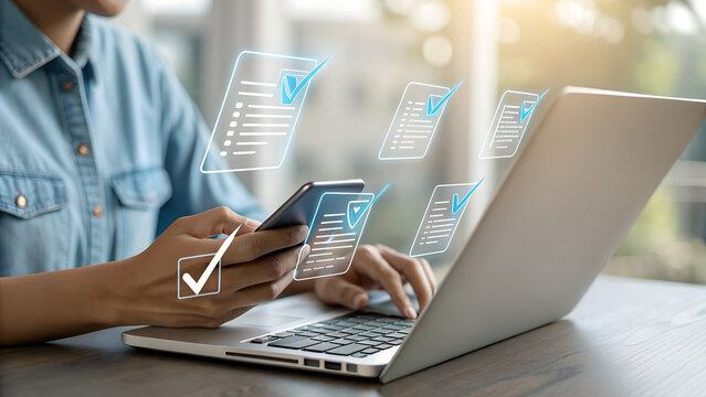 woman analyst uses a computer AI artificial intelligence and dashboard for data business analysis and Data Management System with KPI and metrics connected to the database for technology finance,
