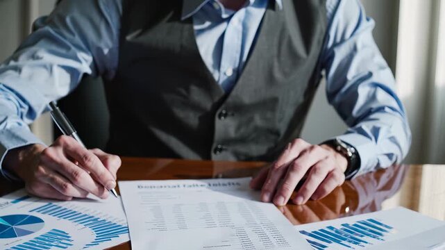 Reviewing financial report at desk. Businessman studies chart and graph. Man annotates document with pen. Finance analysis focuses on revenue and trend numbers. Report pages lie across polished desk.
