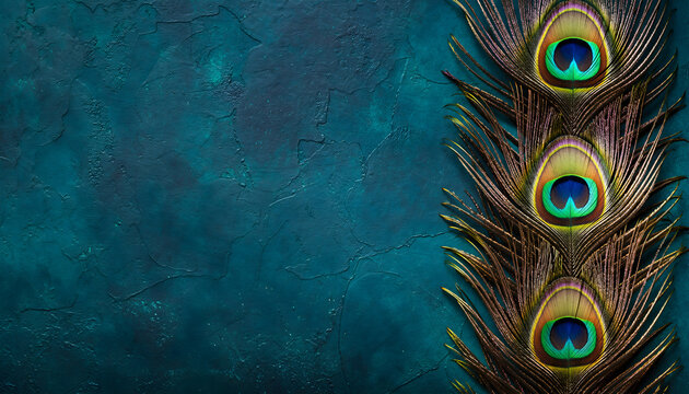 Peacock Feathers on Teal Textured Background - Powered by Adobe