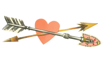 Arrow with love note and hearts, vintage collage style combining black and white photography with hand-cut paper shapes