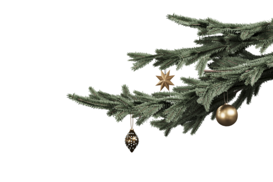 Pine branch with Christmas toys on a transparent background. - Powered by Adobe