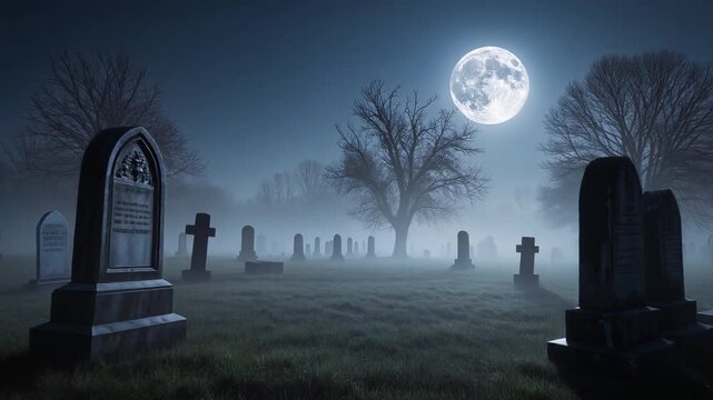A misty graveyard under a bright full moon casts long shadows across old headstones and leafless trees.