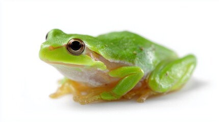 Bright green frog sitting on a smooth surface with clear features in soft lighting