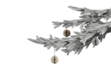 White branch with Christmas toys on a transparent background.