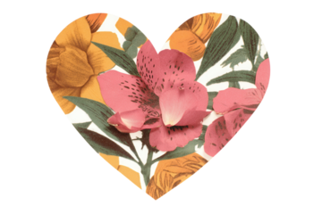 Heart made of flower petals, romantic vintage collage mixing photography and colorful paper shapes