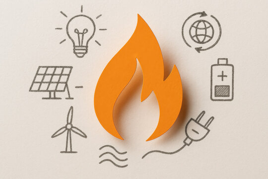 Sustainable energy concepts include eco friendly solutions like solar panel, wind turbine, battery, and electric plug surrounding flame symbolizing power and innovation for greener future