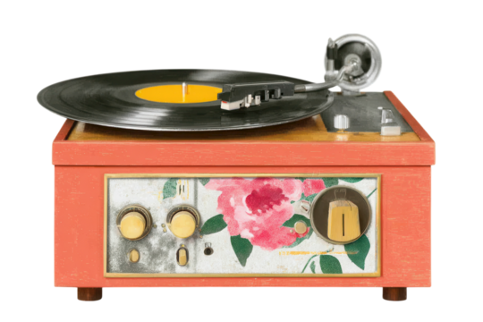 Vintage record player warm nostalgia, cinematic still life photography, soft dust in light beam