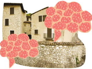 Floating house among pink clouds, surreal nostalgic landscape, cinematic dreamy tone, poetic and symbolic imagery