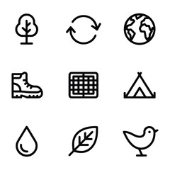 Fototapeta premium Nature and Outdoor Activity Icons Set With Tree Earth Boot Tent and Bird vector illustration