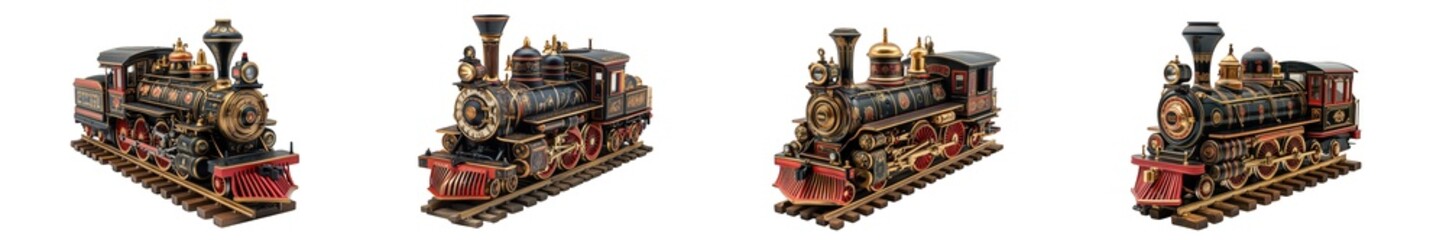 Naklejka premium Four antique steam locomotives in a row, isolated on transparent background