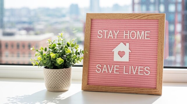 A framed message encourages staying home to save lives, accompanied by a small potted plant, set against a backdrop of a city view.