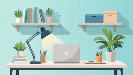 Fototapeta premium A modern desk setup featuring a laptop, potted plants, books, and a lamp against a light blue wall.