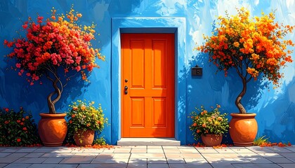 Vibrant orange door on a bright blue wall
