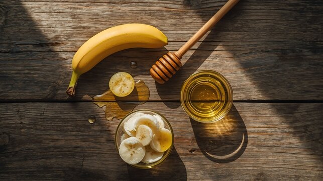Fresh banana with honey and wooden spoon on a rustic table. - Powered by Adobe