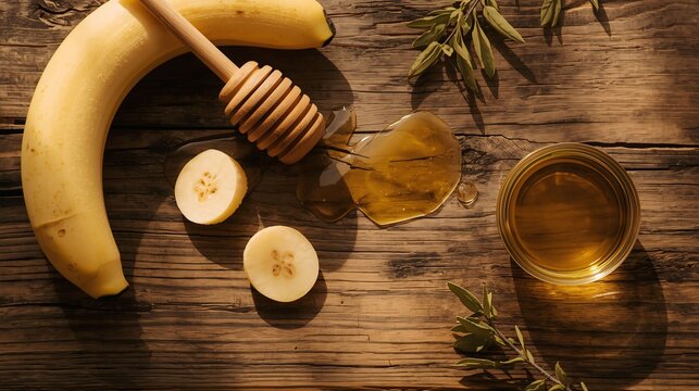 Fresh banana with honey and wooden spoon on a rustic table.