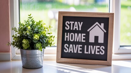 A framed sign reading "Stay Home Save Lives" beside a potted plant on a windowsill, emphasizing a message of safety and health.