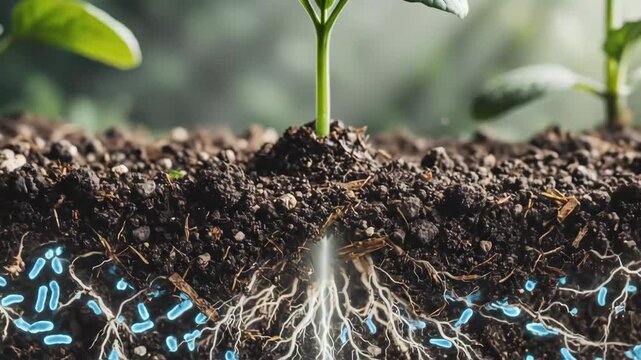 Plant Root System with Soil Microbes - A cross-section view of a plant's root system growing in soil, highlighting the interaction with soil microbes.