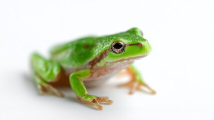Green frog resting on a flat surface in a bright environment